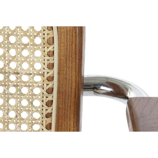 Silla vintage con reposabrazos de ratán, metal y madera marrón