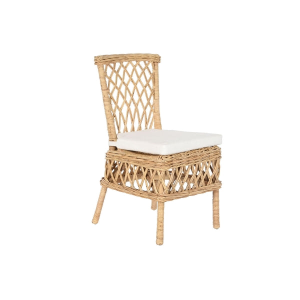 Chaise avec Dossier Haut en Rotin Tressé Naturel et Coussin Blanc Style Tropical