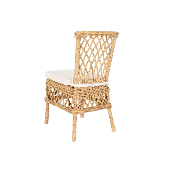 Chaise avec Dossier Haut en Rotin Tressé Naturel et Coussin Blanc Style Tropical vue de dos