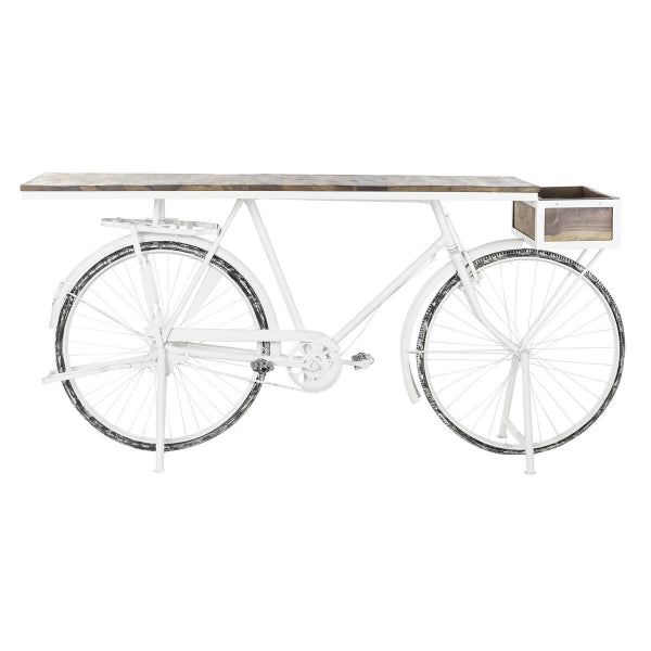 Consola de diseño de bicicleta blanca vintage en metal y madera para decoración del hogar