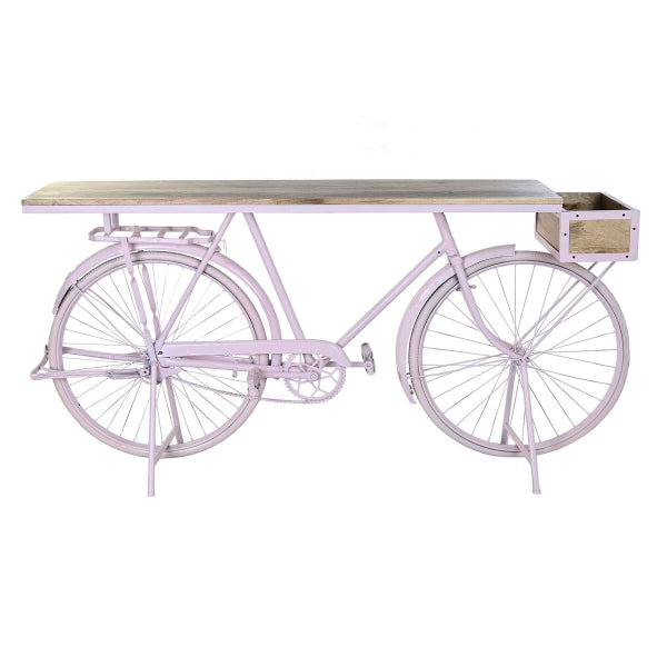Consola de diseño de bicicleta rosa vintage en metal y madera para decoración del hogar