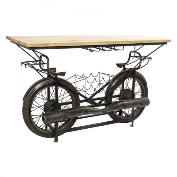 Loft Motorcycle Design Console with Bottle Rack in Wood and Black Metal Home Decor