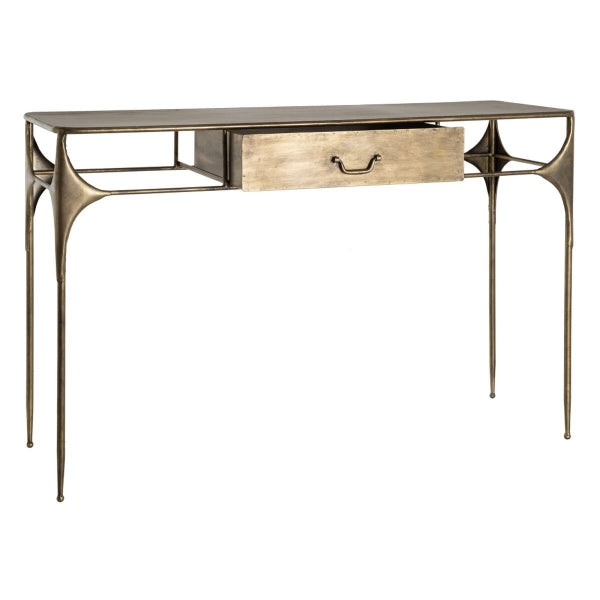 Designer Console Table in Aged Gold Metal with Drawer Home Decor