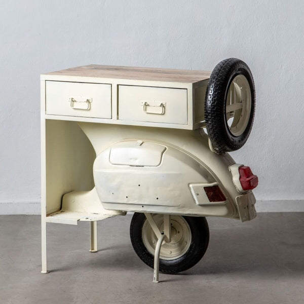 Consola trasera de diseño industrial de un scooter en hierro blanco y madera natural: agregue un toque retro a su interior