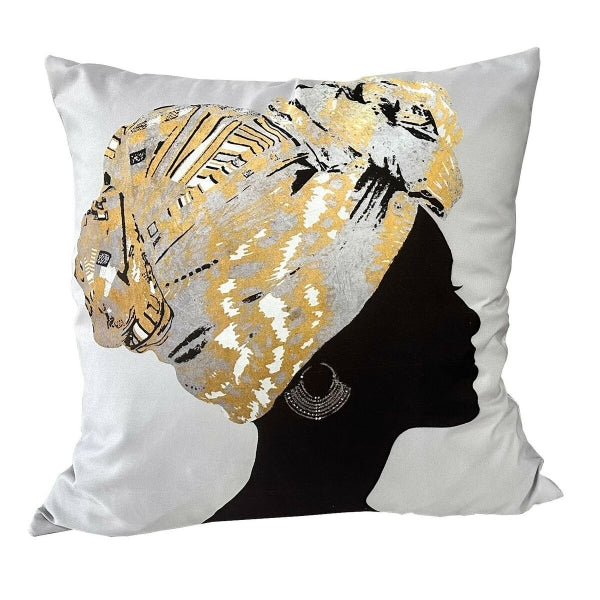 Coussin Blanc Design Femme Africaine Doré et Noir 45 x 45 cm