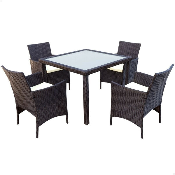 Set of Table and 4 Garden Chairs Black Glass and Rattan Home Decor
