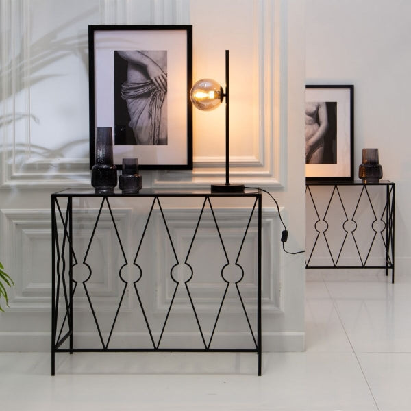 Set of 2 Designer Console Tables in Black Metal and Clear Glass Home Decor