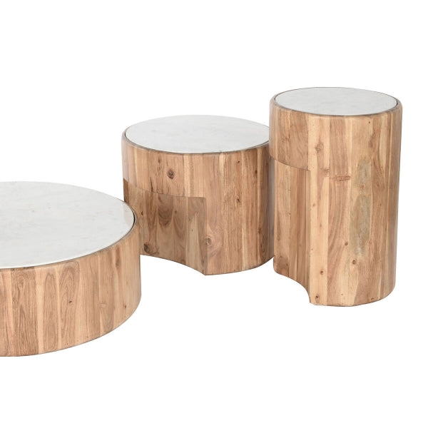 Set of 3 Carved Solid Acacia and White Marble Coffee Tables