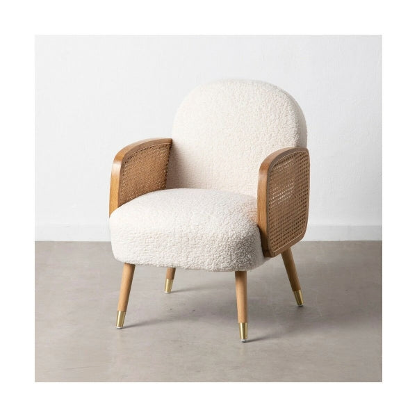 Fauteuil Tissu Bouclette Blanc et Accoudoirs Cannage Bois Home Decor