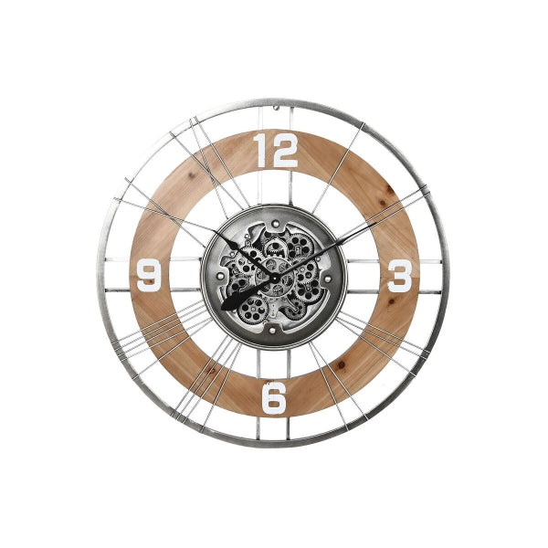 Grande Horloge Murale Bois et Engrenages Argentés au Design Industriel (90 x 9,5 x 90 cm)