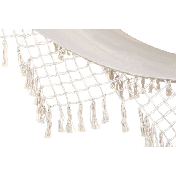 Indian Hammock with Fringes in White Cotton and Oak Wood Home Decor