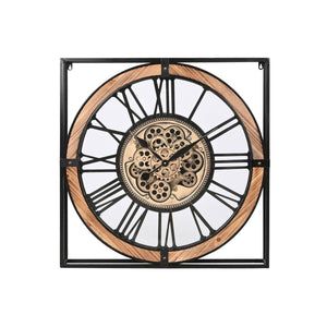 Horloge Murale Engrenages Dorés avec Cadre Métallique en Fer Noir Style Loft
