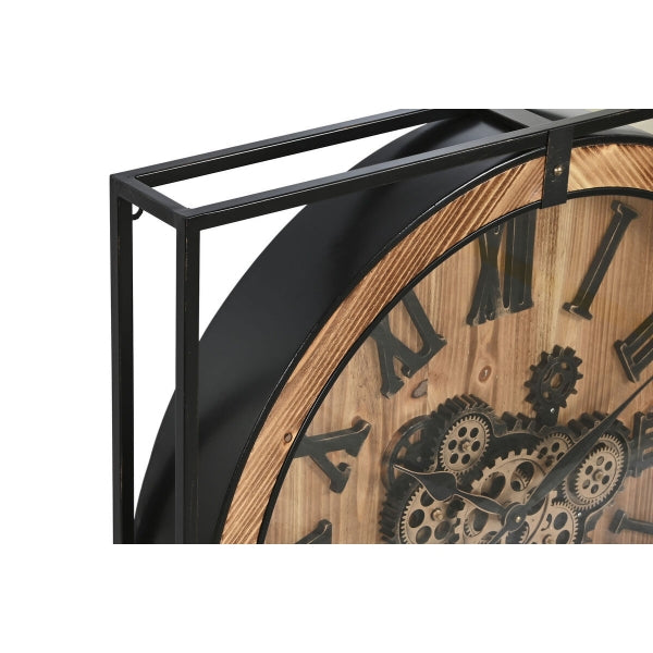 Reloj de pared redondo de madera con marco y engranajes de hierro negro y dorado