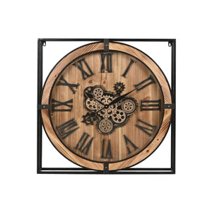 Horloge Murale Ronde en Bois avec Cadre et Engrenages en Fer Noir et Doré