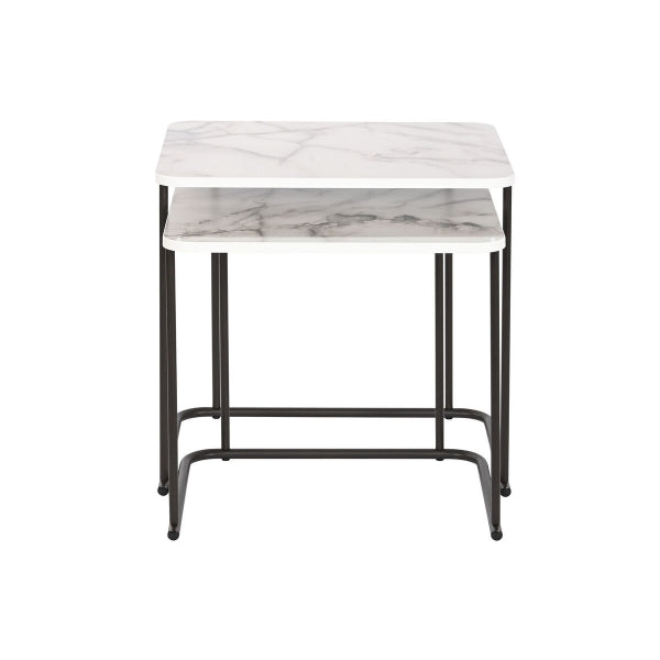 Set of 2 Rectangular Nesting Coffee Tables White Marble Effect and Black Metal
