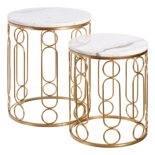 Set of 2 Side Tables in White Marble and Gold Metal Home Decor