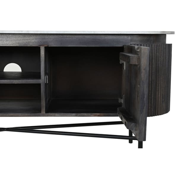 TV Stand in Black Wood and White Marble, Exotic Design (145 x 42 x 48 cm)