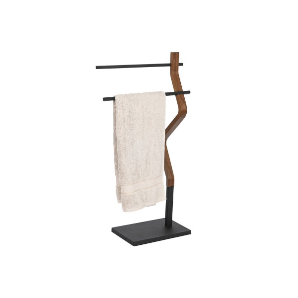 Contemporary Design Towel Rack in Carved Oak and Black Metal