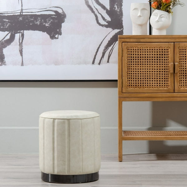 Design Pouf in Beige and Silver Synthetic Leather Home Decor