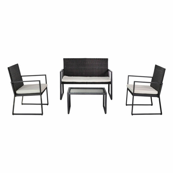 Design Garden Lounge in Black Synthetic Rattan and White Cushions Aktive