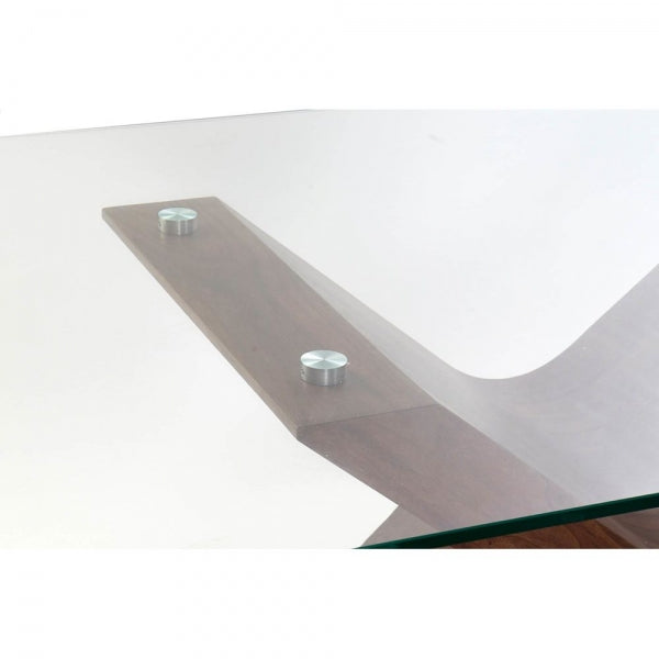 Dining Table in Transparent Glass and X-Legs in Brown Wood