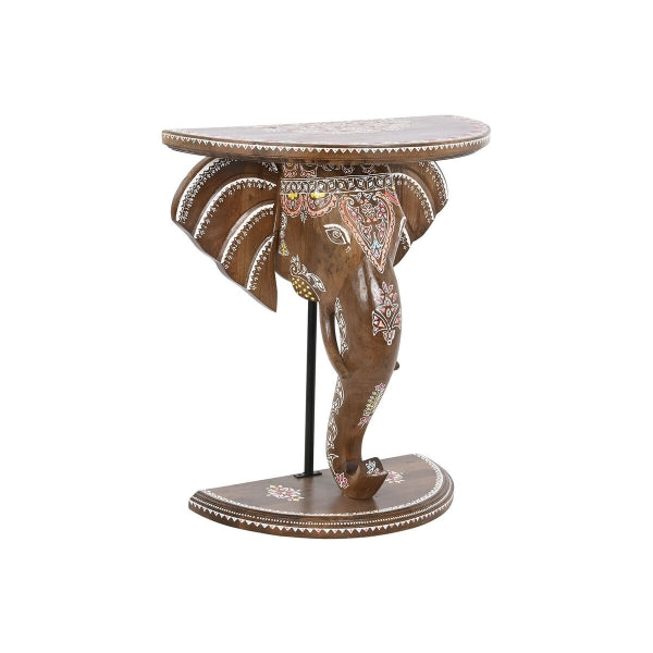 Table d'Appoint Design Éléphant Indien et Fleurs en Bois Sculpté Brun