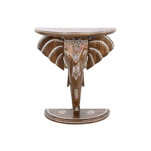Brown Carved Wood Indian Elephant and Flowers Design Side Table