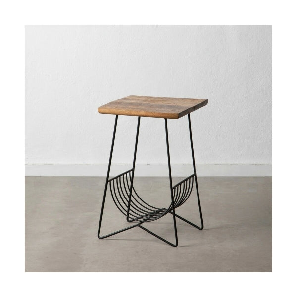 Side Table with Magazine Rack in Raw Wood and Black Metal