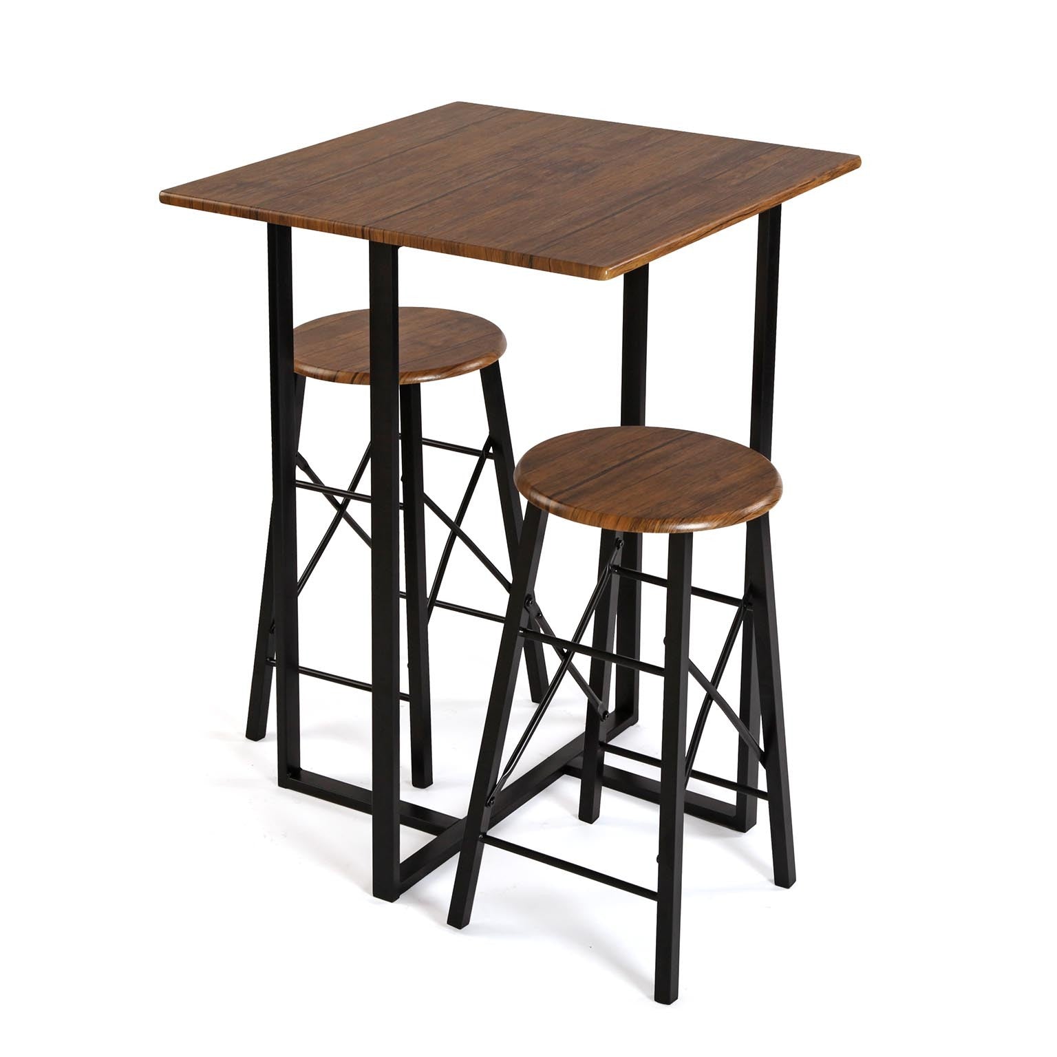 Mesa de bar de diseño Loft y 2 taburetes de madera marrón y metal negro Versa