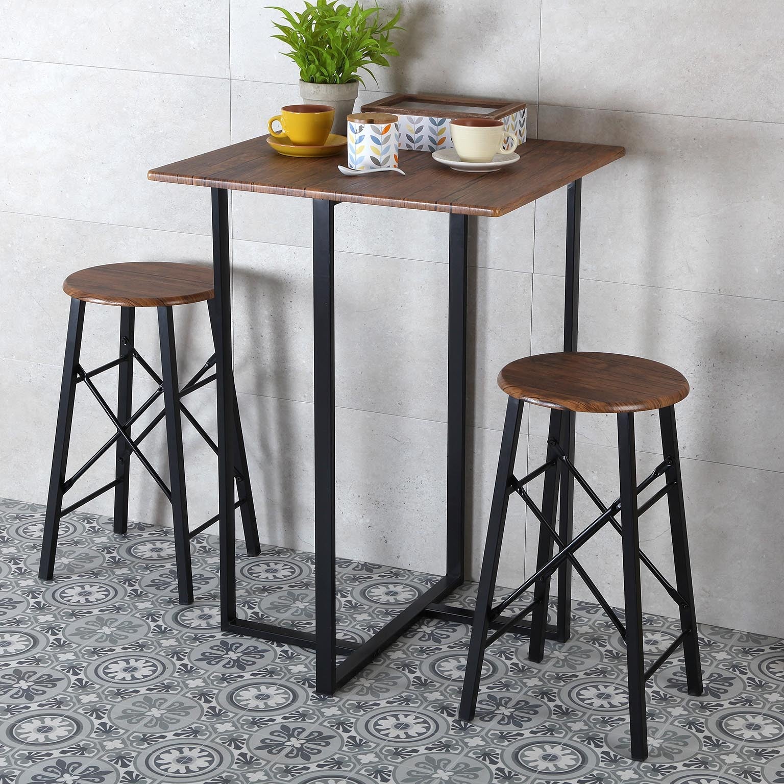 Loft Design Bar Table and 2 Stools in Brown Wood and Black Metal Versa