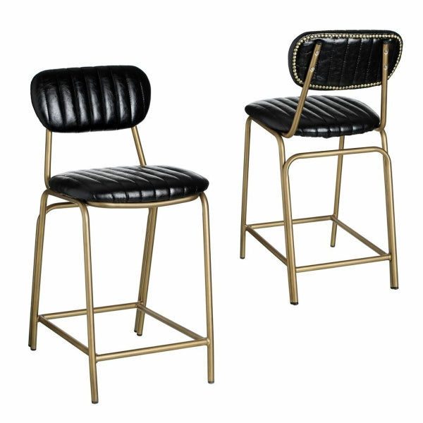 Stool in Black Faux Leather and Gold Metal Vintage Style