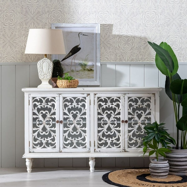 Shabby Chic Home Decor Design Sideboard in White Natural Wood 