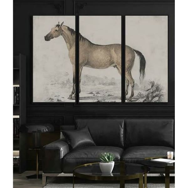 Jeu de 3 Cadres Muraux Grand Cheval Noir et Gris Style Loft
