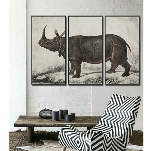 Jeu de 3 Grands Cadres Rhinoceros d'Afrique Noir et Gris (180 x 4 x 120 cm)