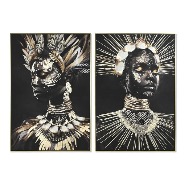 Ensemble de 2 Tableaux Muraux Reine Africaine Noir et Doré