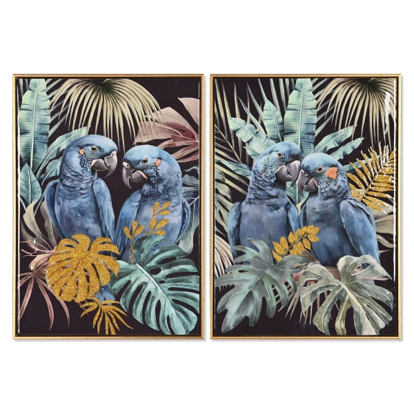 Ensemble de 2 Cadres sur Toile Perroquets Tropicaux Noir et Bleu ( 50 x 3,5 x 70 cm)