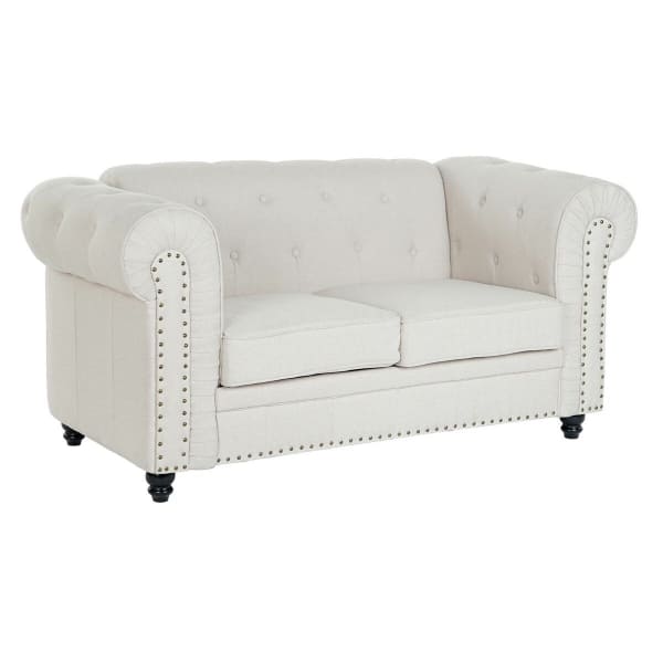 Canapé 2 Places Chesterfield Vintage Tissu Crème, Blanc et Bois Noir