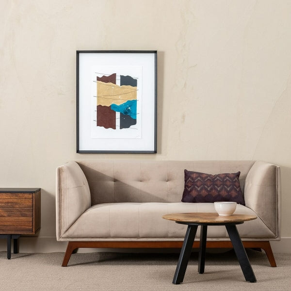 Sofá vintage de dos plazas efecto terciopelo color champán y madera