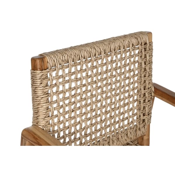 Chair with Armrests in Solid Teak and Woven Rattan