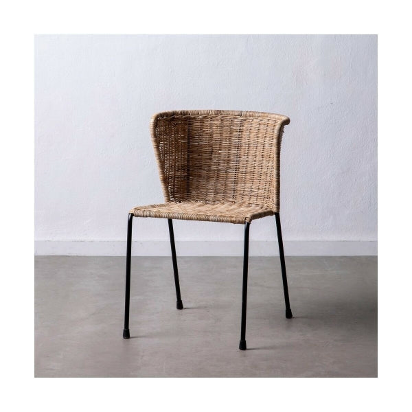 Design Chair in Natural Woven Rattan and Black Metal