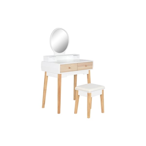 Coiffeuse et Tabouret Scandinaves en Bois Blanc et Naturel