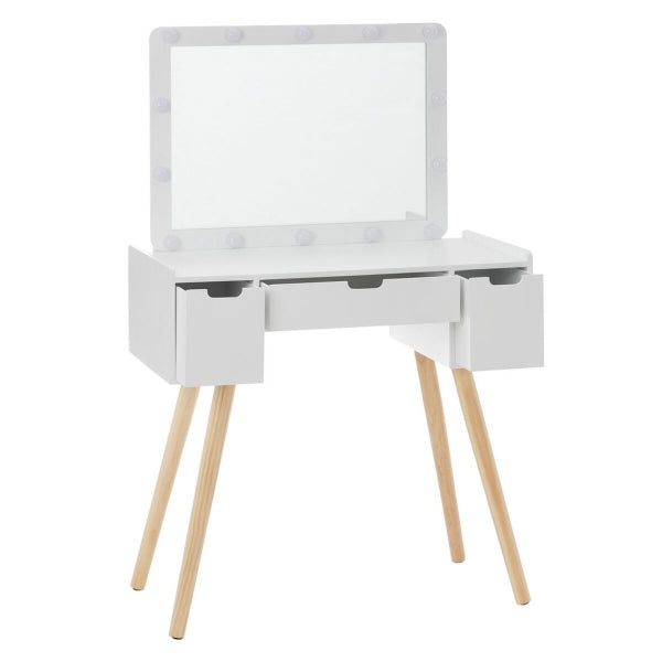 Scandinavian Dressing Table with Lighted Mirror in White Natural Wood (80 x 40 x 130 cm) 