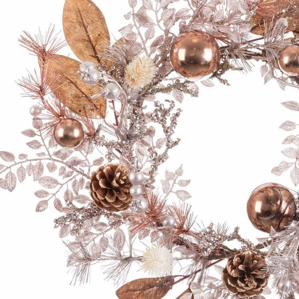 Christmas Wreath in Rattan, Pine Cones and Autumn Leaves, Copper and Brown