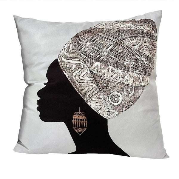 Coussin Design Femme Africaine Blanc, Beige et Noir