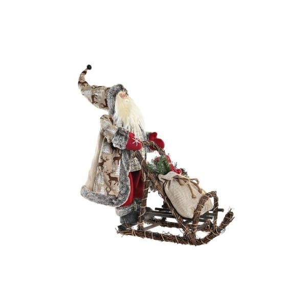 Statuette Décorative Père Noël Rouge et Gris avec Traineau en Bois 42 x 22 x 48 cm