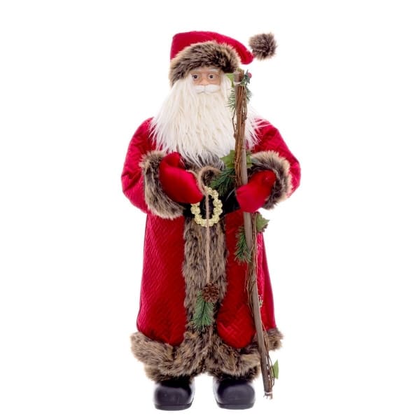 Statue de Père Noël avec son Grand Manteau Rouge et son Bâton en Bois (80 cm)