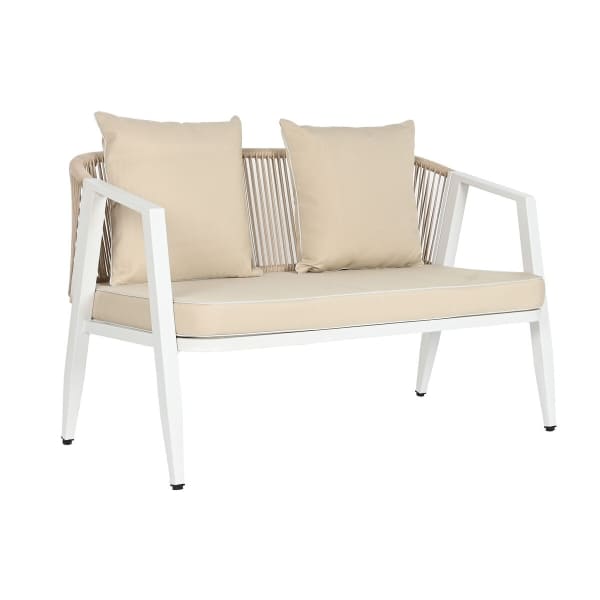 Garden Furniture for 4 People in White Steel, Ropes and Beige Cushions