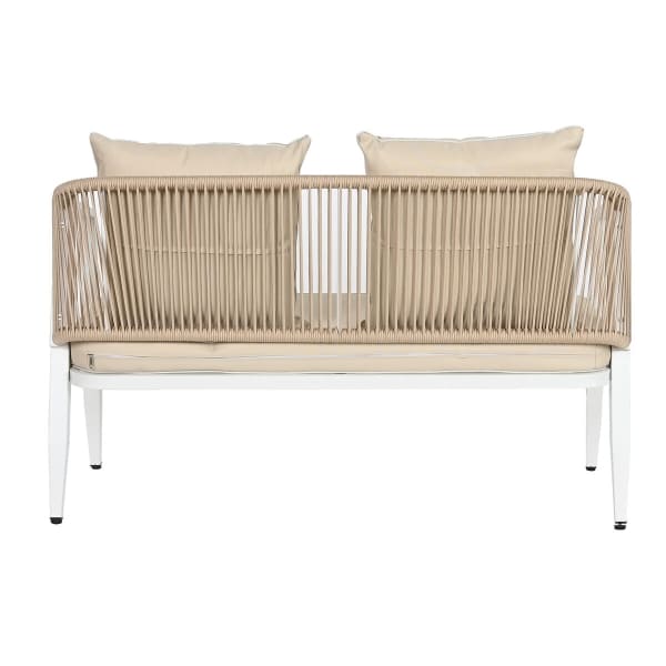 Garden Furniture for 4 People in White Steel, Ropes and Beige Cushions