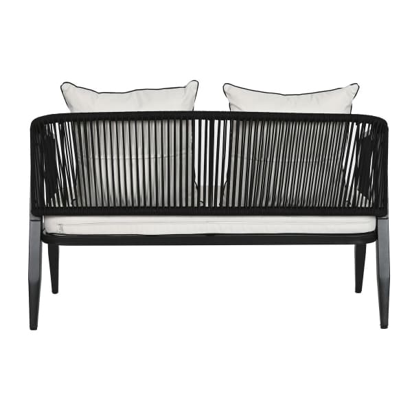 Garden Furniture for 4 People in Black Steel, Ropes and White Cushions