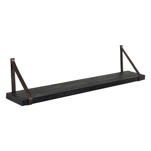 Set of 3 Industrial Wall Shelves Black Wood and Leather